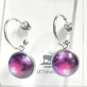 Silver Purple Nebula Cosmic Galaxy Hoop Earrings
